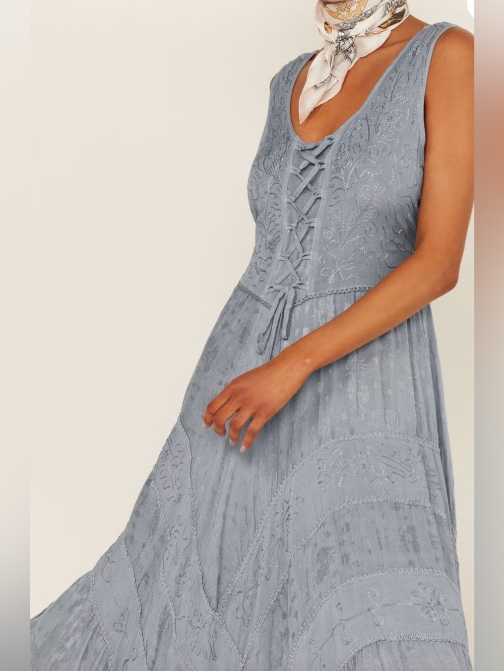 Scully Lace-Up Jacquard Midi Dress – Dusty Blue Size L Western Ranch - Picture 3 of 13